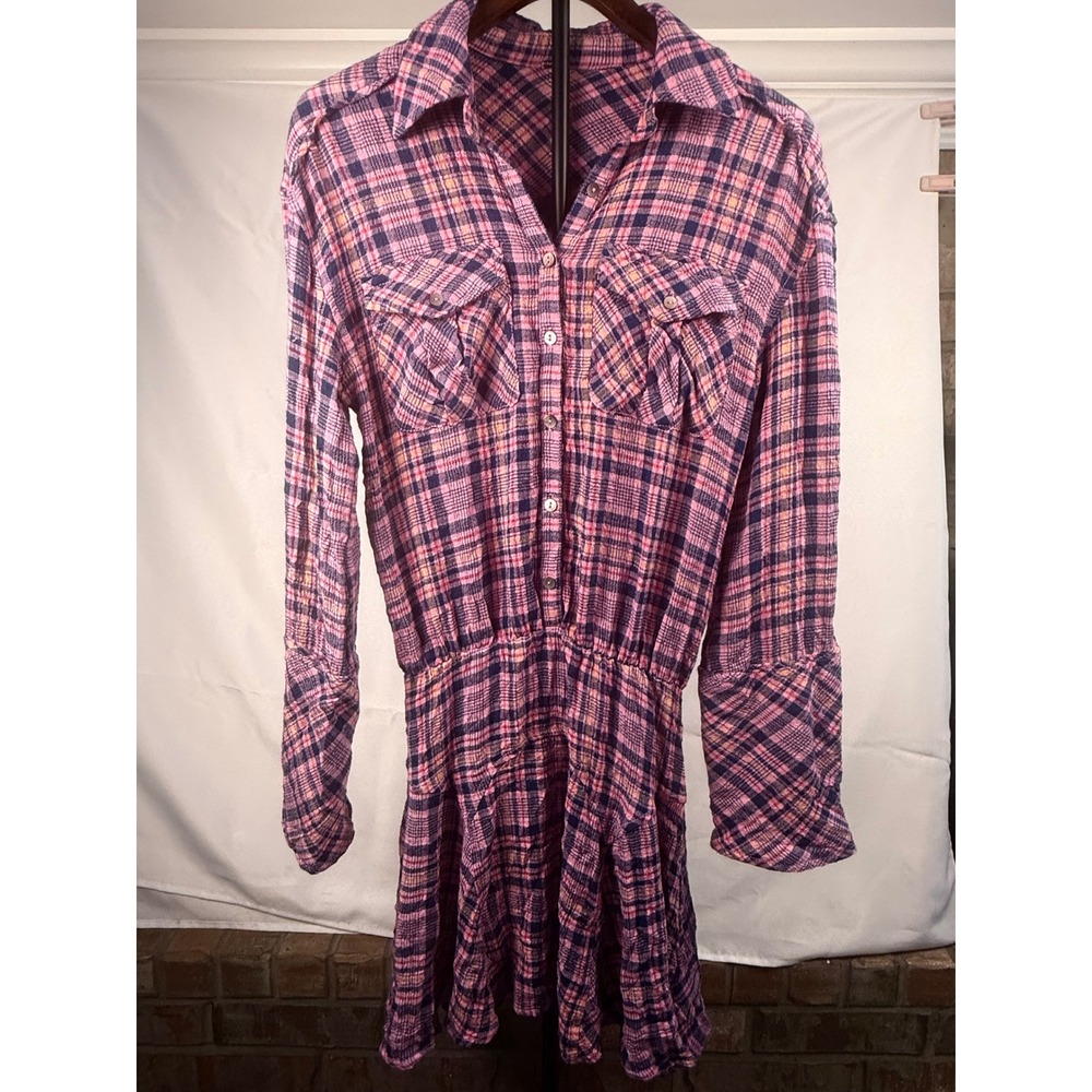 Free People Small Pink Plaid Button Down Mini Dress Boho Western Indie Grunge
